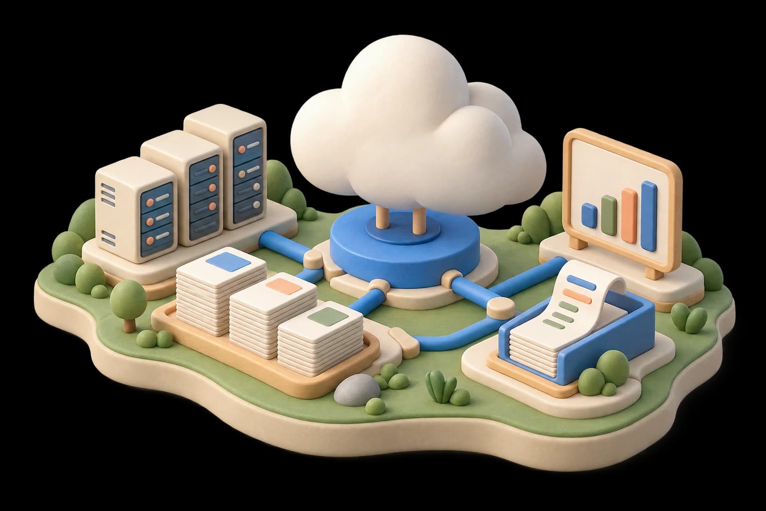 구름, 서버, 청구서와 비용 차트의 OneCloud 3D 디오라마